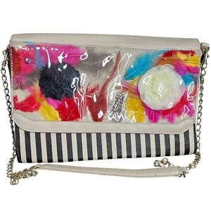 NWOT Betsey Johnson Purse Clutch Shoulder Bag Stripe Feather‎ Floral Unique